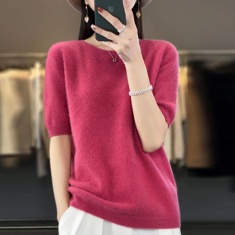 Damski sweter z wełny merino z okrągłym dekoltem Malinowy