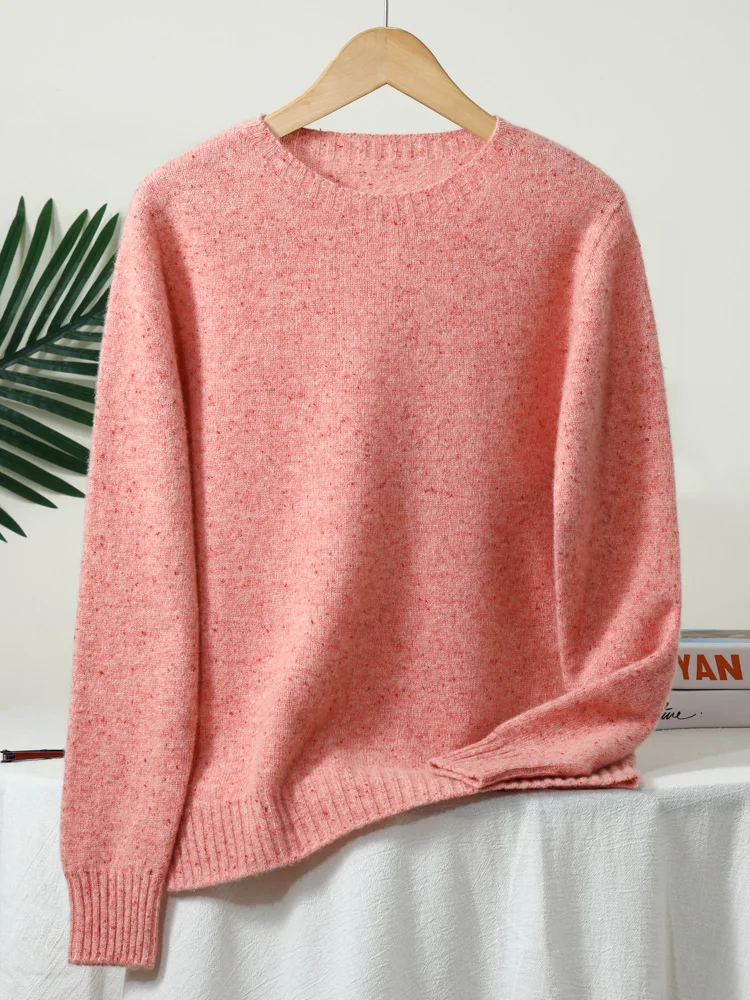 Damski sweter z wełny merino z okrągłym dekoltem Różowy