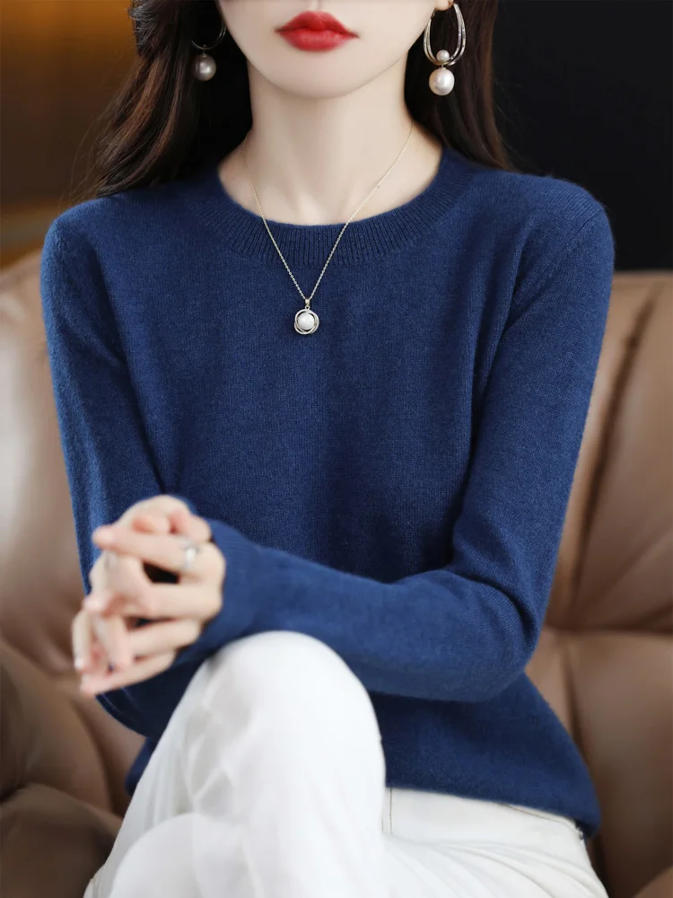 Damski sweter z wełny merino z okrągłym dekoltem Seeblue