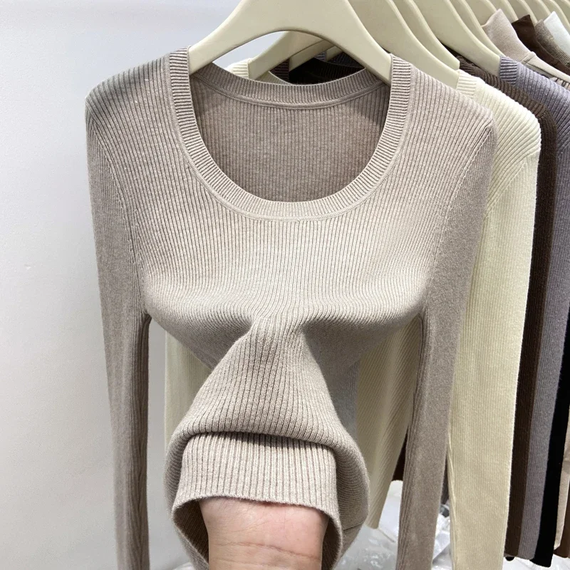 Damski dopasowany sweter z golfem prosty na jesień i zimę Khaki