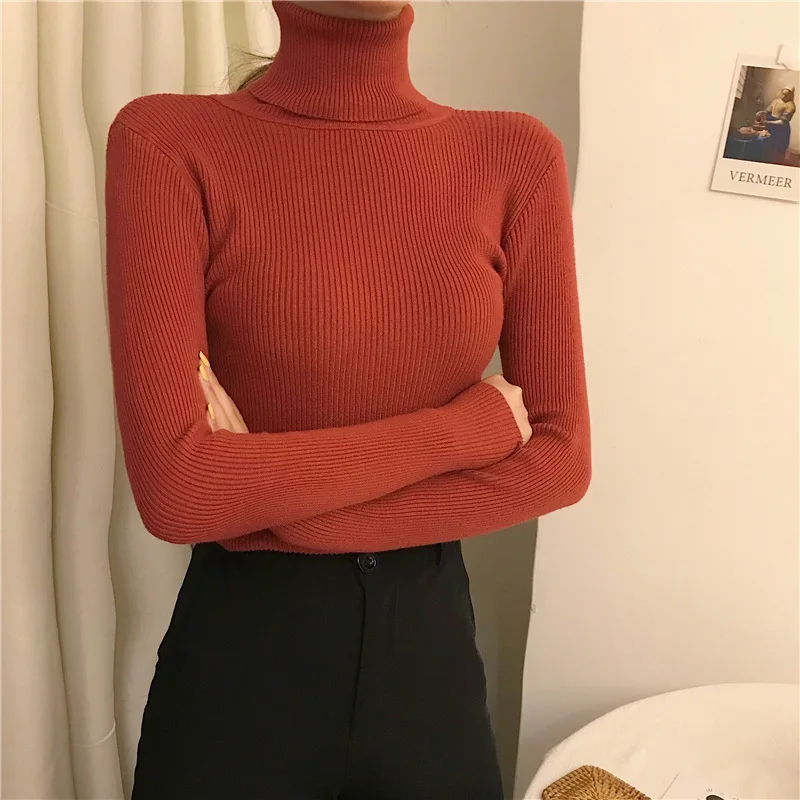 Damski sweter z golfem dzianinowy na jesień Bordowy