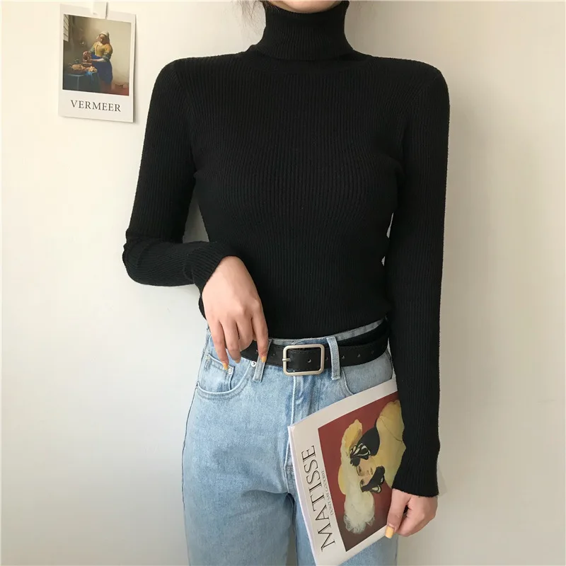 Damski sweter z golfem dzianinowy na jesień Czarny