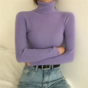 Damski sweter z golfem dzianinowy na jesień Lawenda