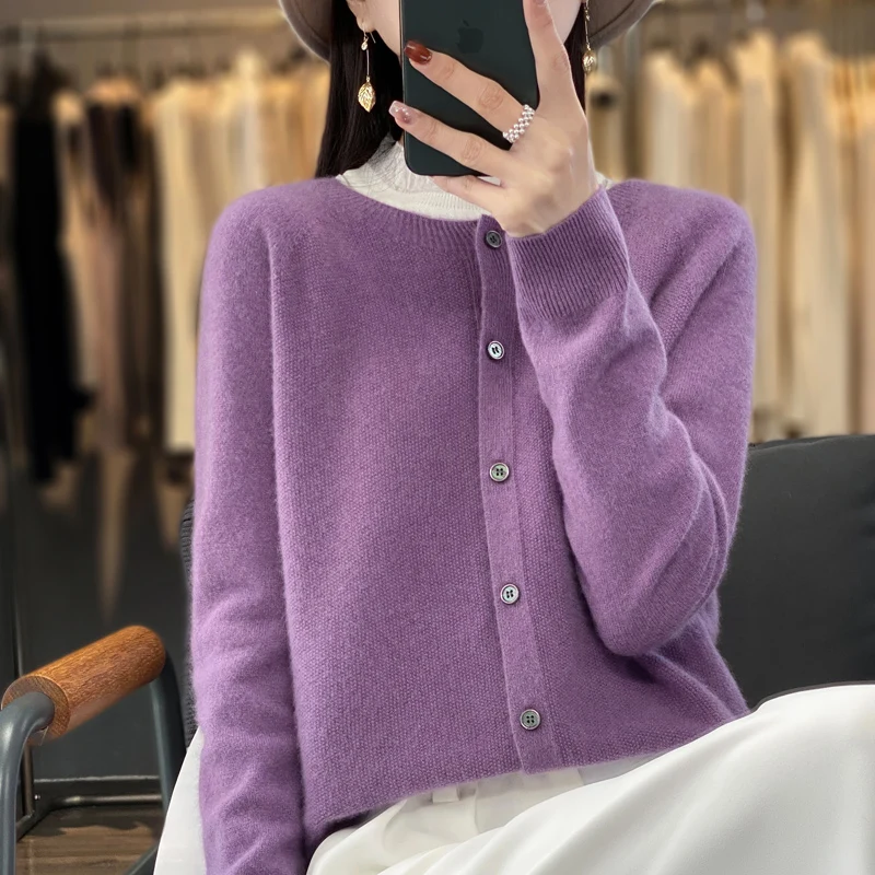 Damski sweter z wełny z okrągłym dekoltem, luźny Fioletowy