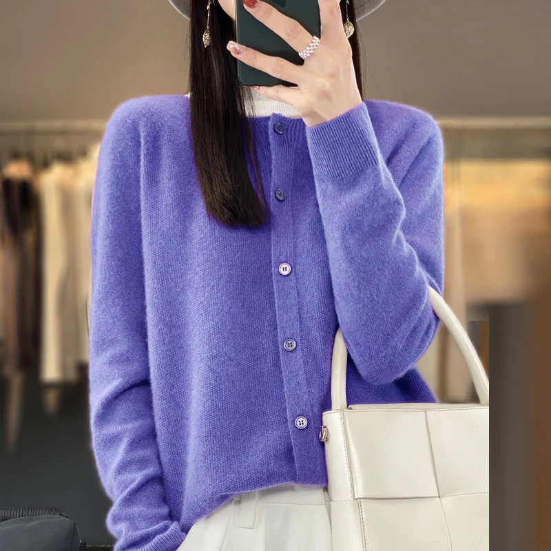 Damski sweter z wełny z okrągłym dekoltem, luźny Flower basket