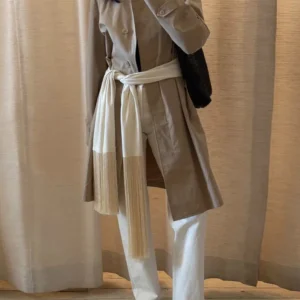 Damski szal satynowy z frędzlami - długi, jedwabisty wrap Khaki