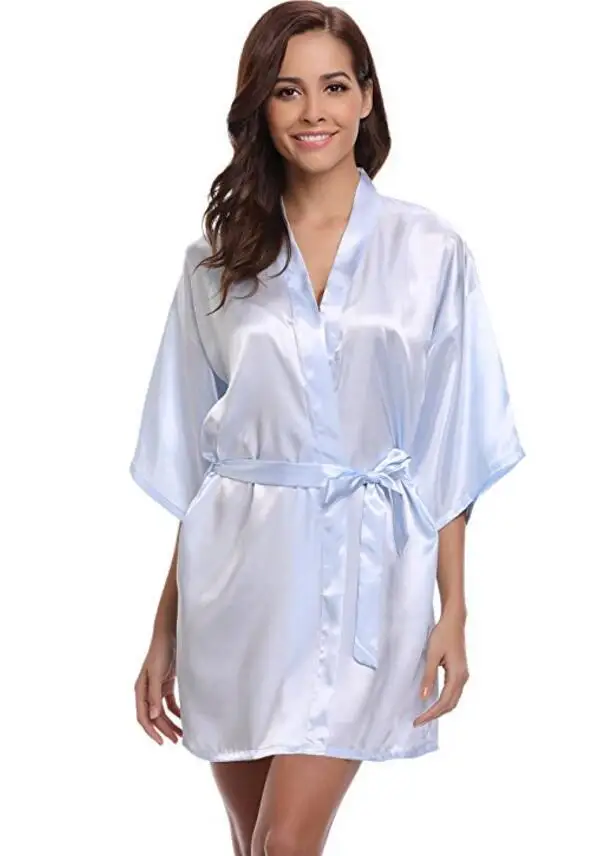 Damski szlafrok satynowy kimono krótki Jasnoniebieski