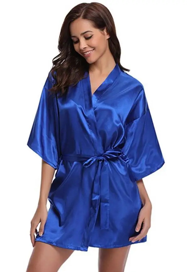 Damski szlafrok satynowy kimono krótki Niebieski królewski