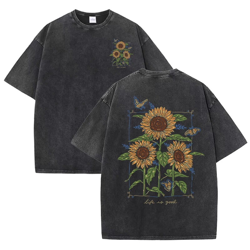 Damski t-shirt z bawełny z nadrukiem słonecznika Czarny