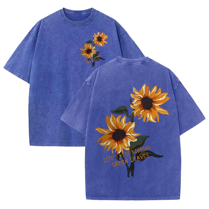 Damski t-shirt z bawełny z nadrukiem słonecznika Niebieski