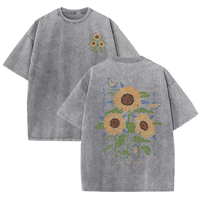 Damski t-shirt z bawełny z nadrukiem słonecznika Szary
