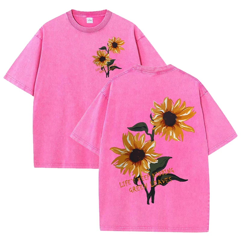 Damski t-shirt z bawełny z nadrukiem słonecznika Amarantowy