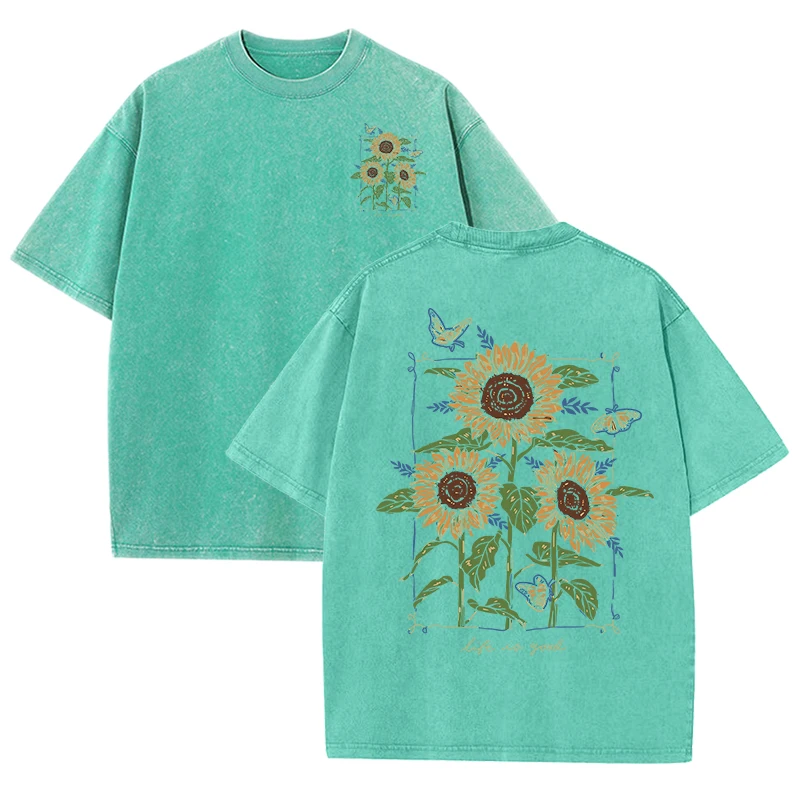Damski t-shirt z bawełny z nadrukiem słonecznika Zielony