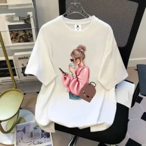 Damski T-shirt z nadrukiem w stylu koreańskim Biały