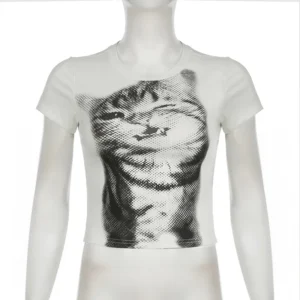 Damski t-shirt z nadrukiem kota w stylu retro Biały