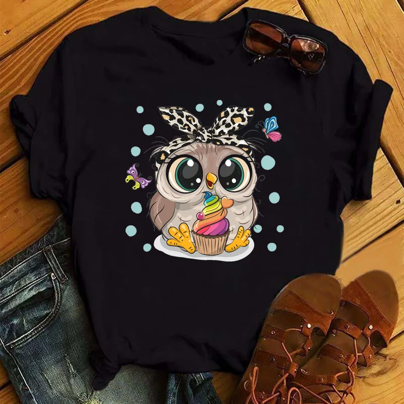 Damski T-shirt z nadrukiem sowy w stylu kawaii Bt6632 hs