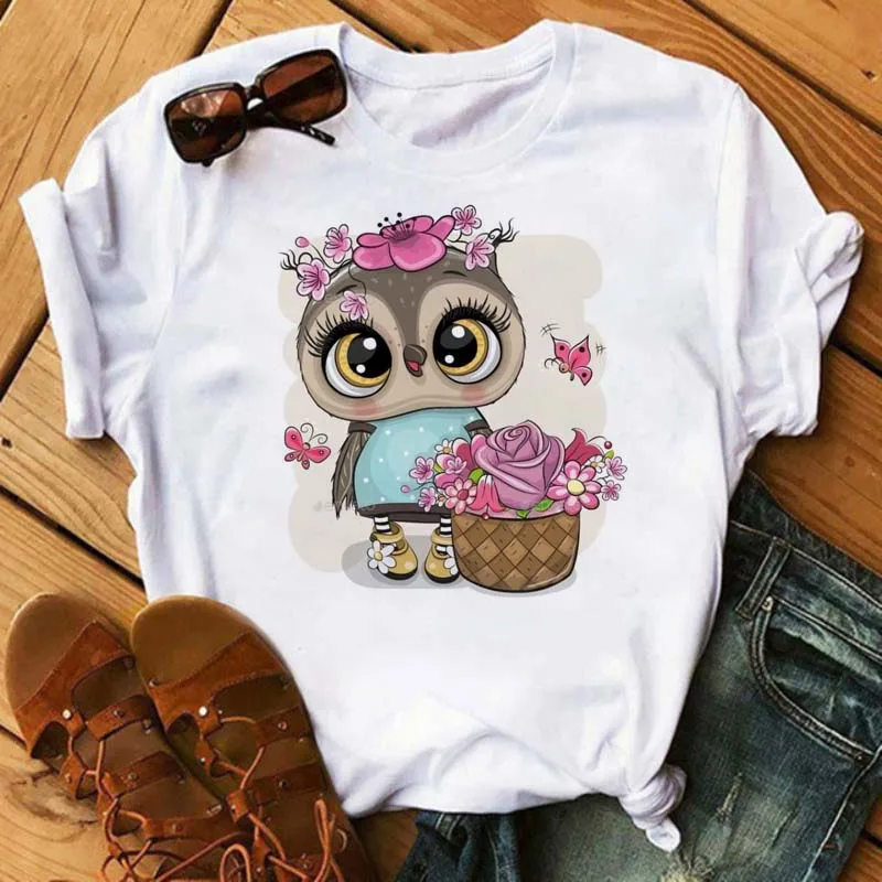 Damski T-shirt z nadrukiem sowy w stylu kawaii Bt6633