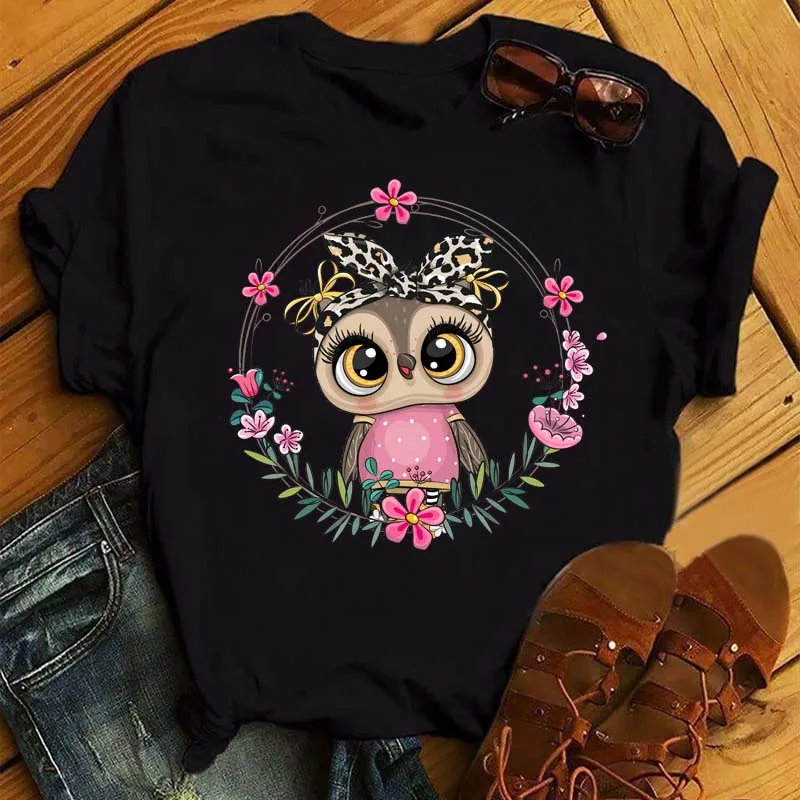 Damski T-shirt z nadrukiem sowy w stylu kawaii Bt6636 hs