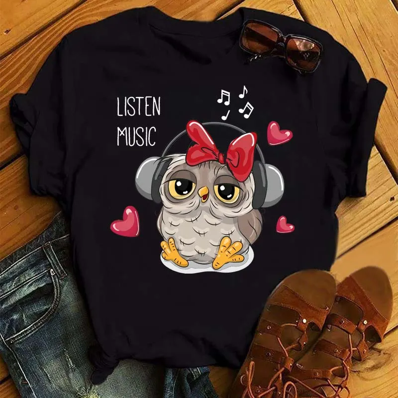 Damski T-shirt z nadrukiem sowy w stylu kawaii Bt6637 hs