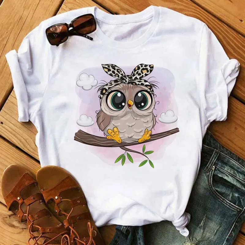 Damski T-shirt z nadrukiem sowy w stylu kawaii Bt6640