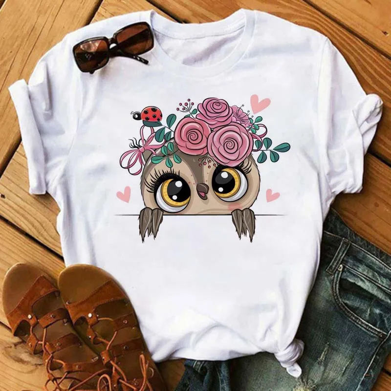 Damski T-shirt z nadrukiem sowy w stylu kawaii Bt6645