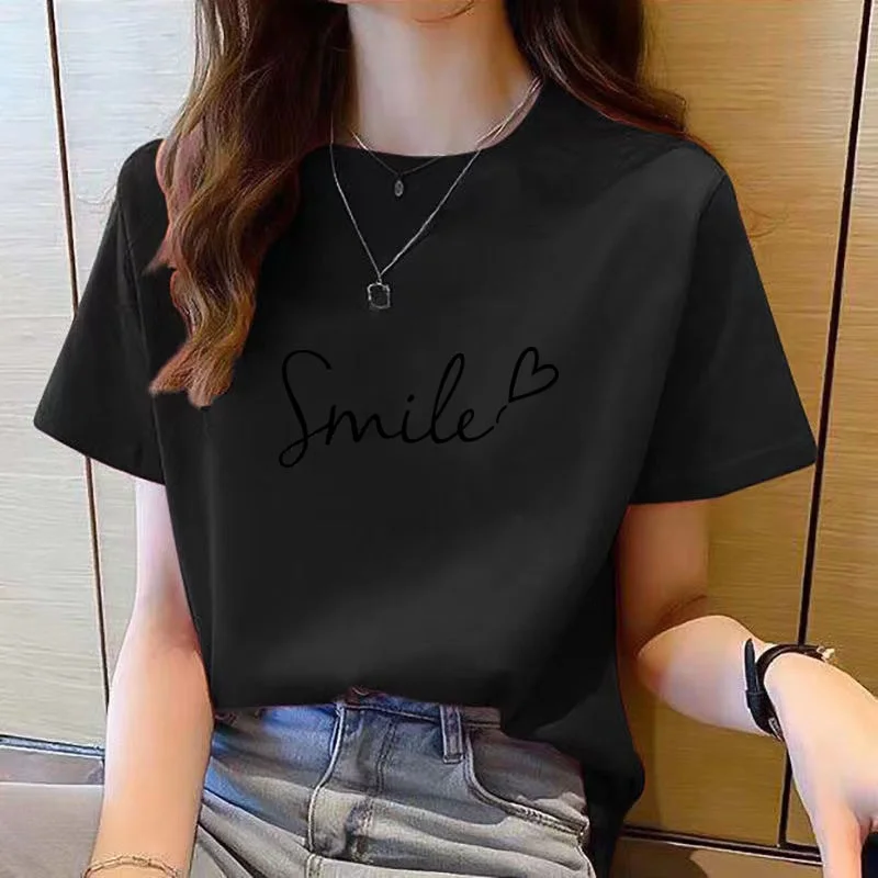 Damski t-shirt z krótkim rękawem i okrągłym dekoltem Czarny