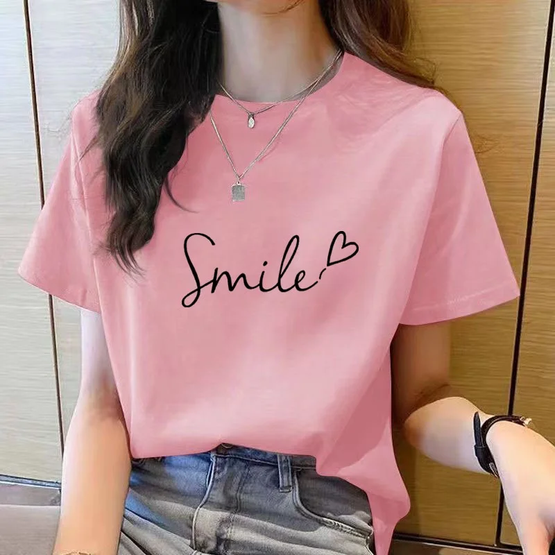 Damski t-shirt z krótkim rękawem i okrągłym dekoltem Różowy