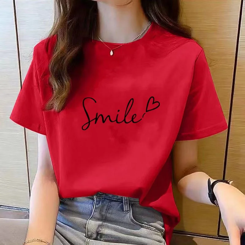Damski t-shirt z krótkim rękawem i okrągłym dekoltem Czerwony