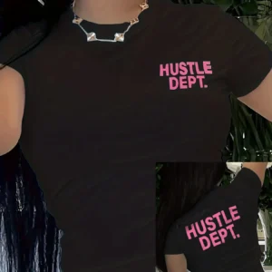 Damski T-shirt z nadrukiem, krótki rękaw, casual sport Czarny