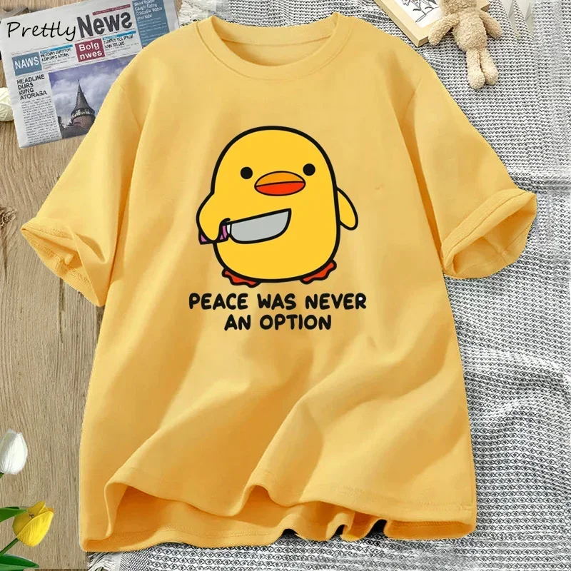 Damski t-shirt z zabawnym nadrukiem gęsi Żółty
