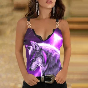 Damski tank top z koronką i nadrukiem wilka, dekolt V Fioletowy
