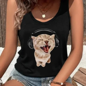 Damski tank top z nadrukiem kota casualowy na lato Niebieski