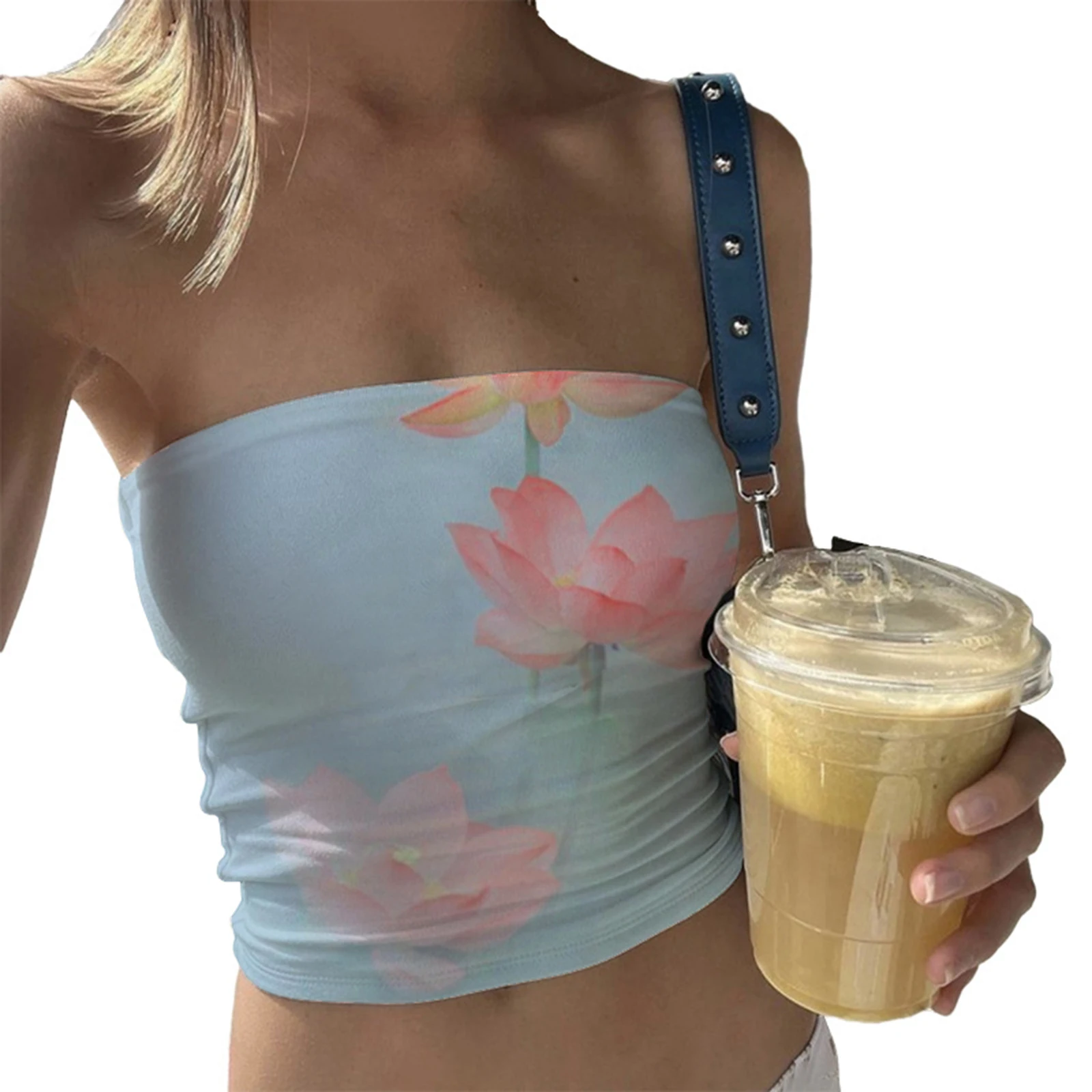 Damski top bandeau bez ramiączek w kwiaty Błękitny