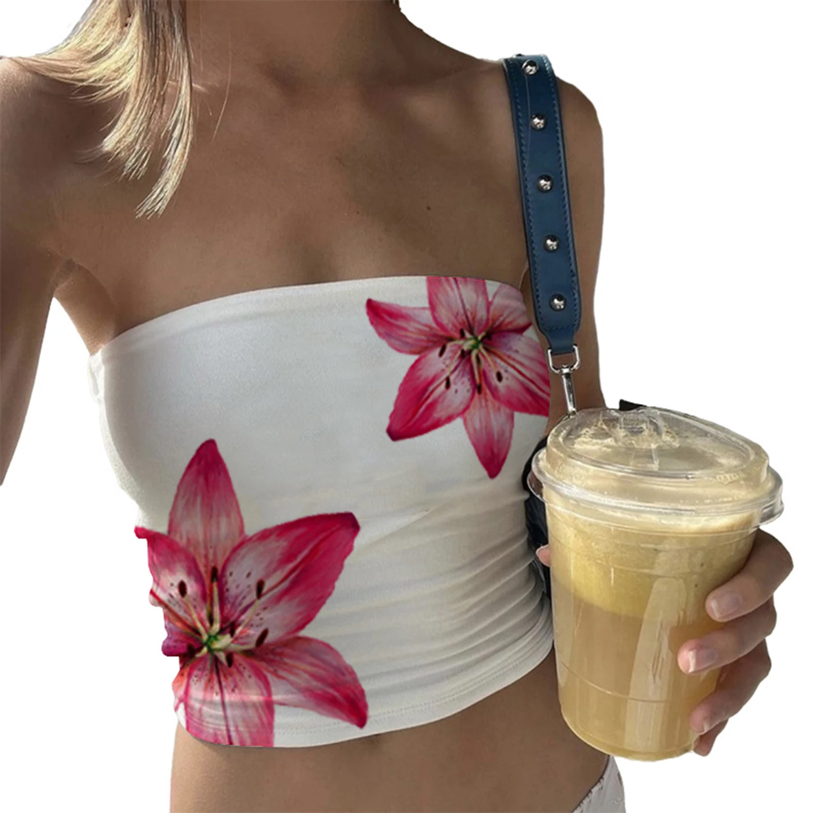 Damski top bandeau bez ramiączek w kwiaty Czerwony