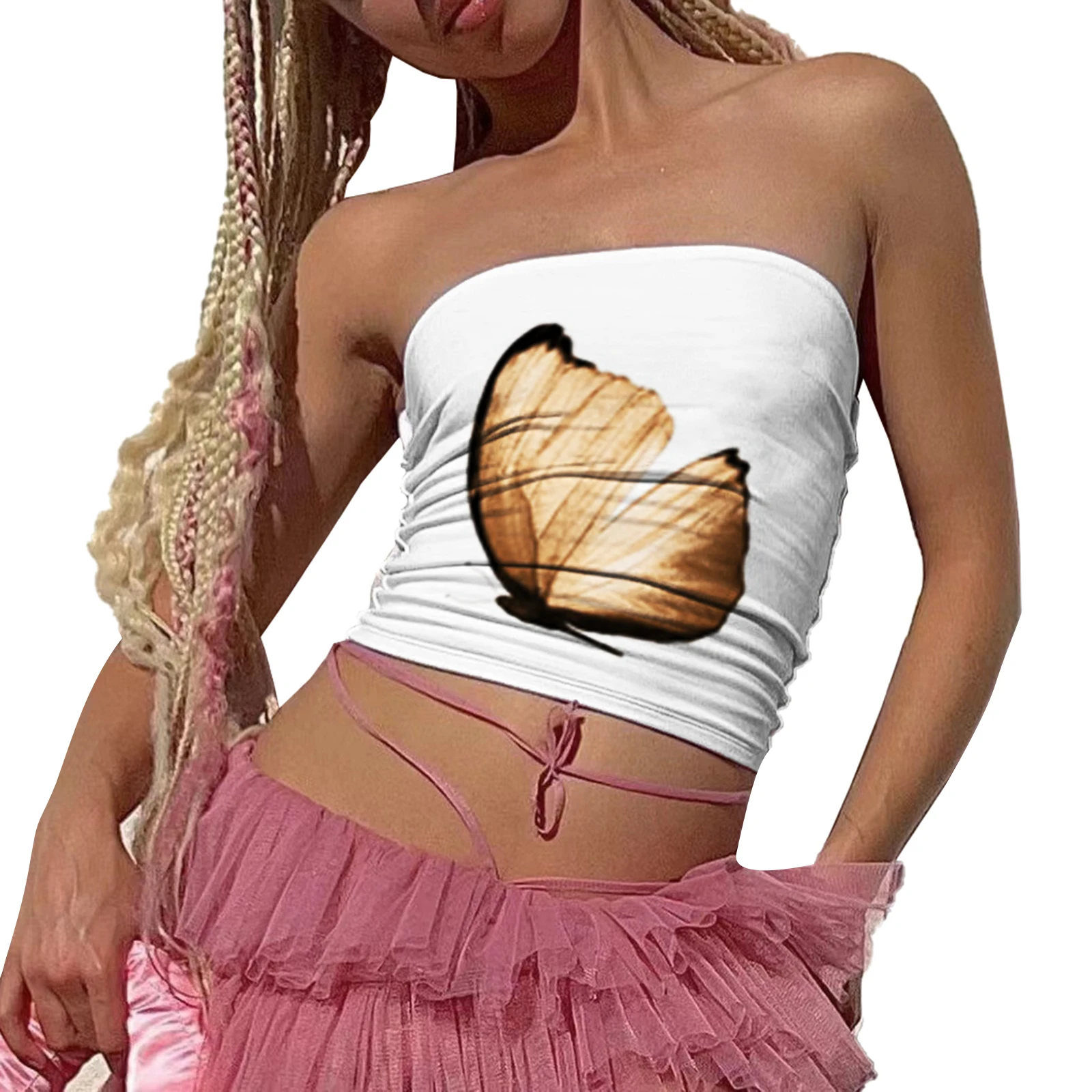 Damski top bandeau bez ramiączek w kwiaty Khaki