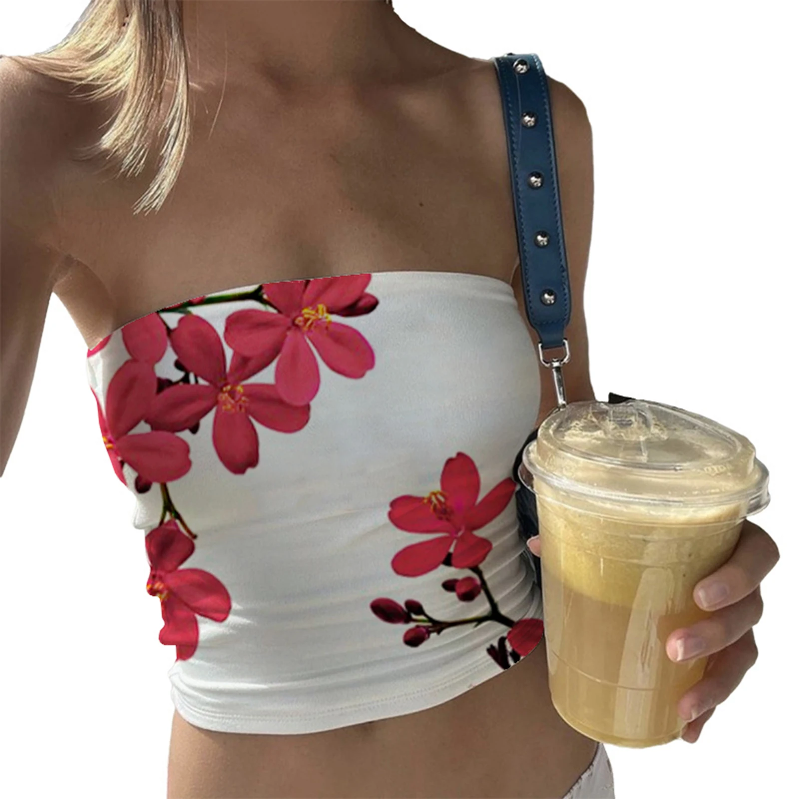Damski top bandeau bez ramiączek w kwiaty Róża czerwona
