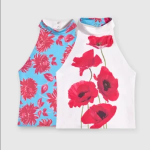 Damski top halter bez pleców w kropki i kwiaty Niebieski