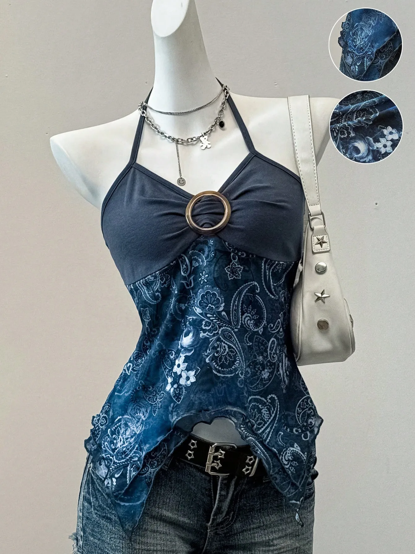 Damski top halter z odkrytymi plecami i siateczką Niebieski