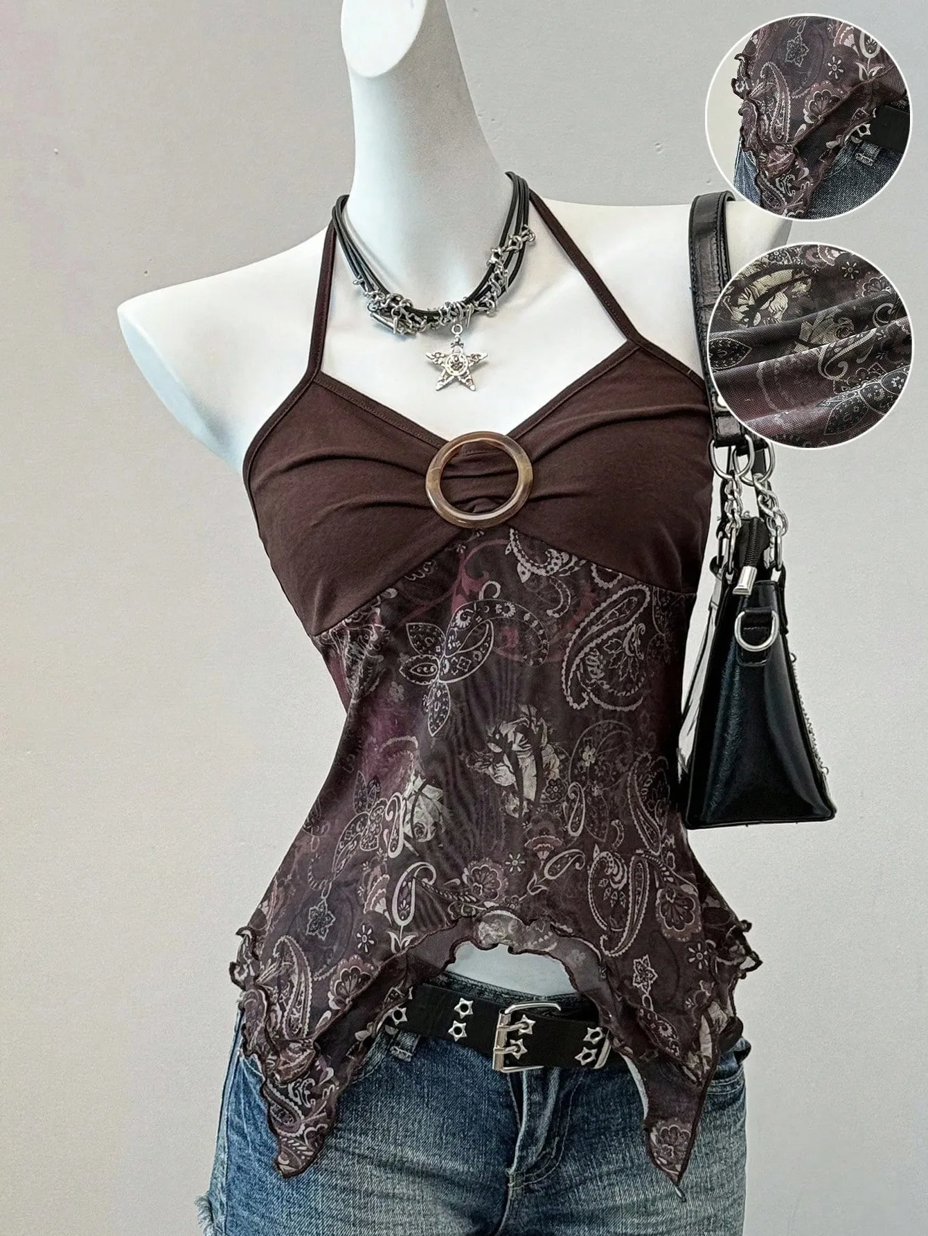 Damski top halter z odkrytymi plecami i siateczką Brązowy