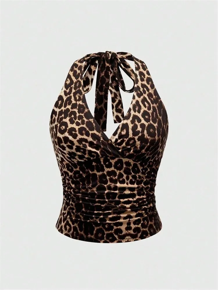 Damski top halterek z dekoltem V i odkrytymi plecami Leopard