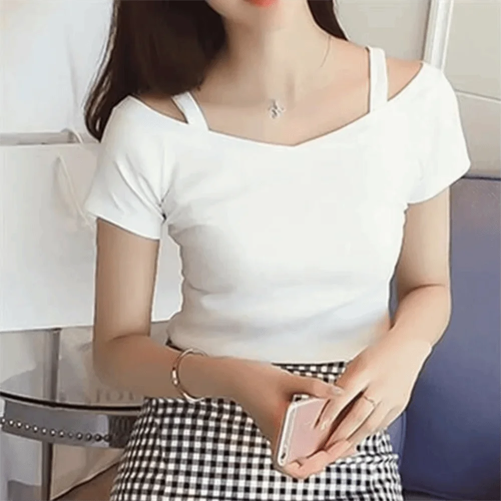 Damski top z opadającymi ramionami i dekoltem V Biały
