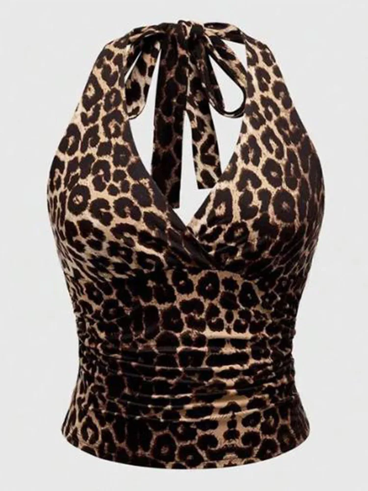Damski top na ramiączkach w panterkę z koronką w stylu Y2K Leopard