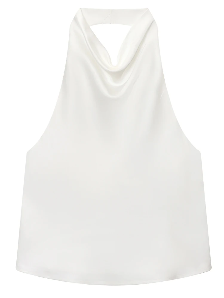Damski top satynowy typu halter z odkrytymi plecami Biały