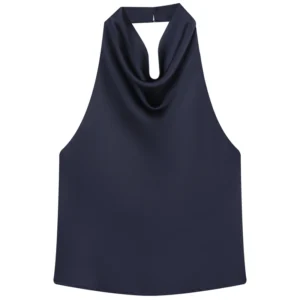 Damski top satynowy typu halter z odkrytymi plecami Głęboki niebieski
