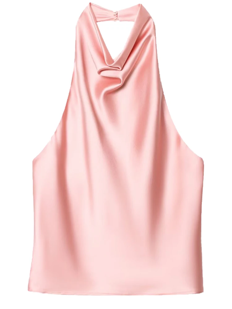 Damski top satynowy typu halter z odkrytymi plecami Różowy