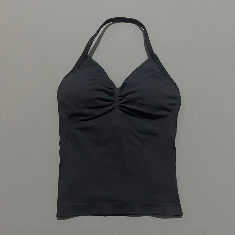 Damski top sportowy halter z wkładkami do jogi Czarny