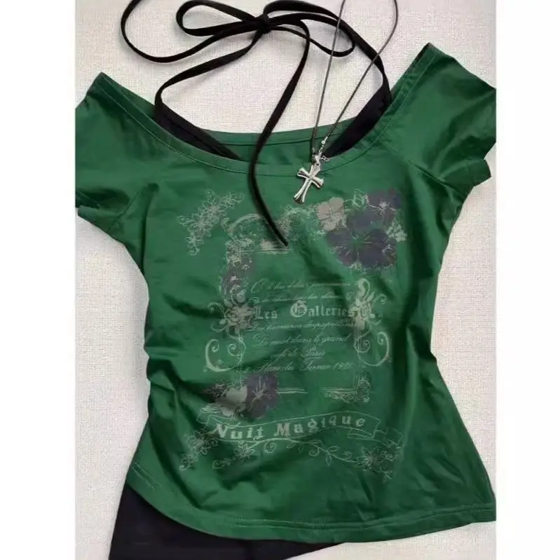 Damski top Y2K Punk w stylu vintage krótki letni Beżowy