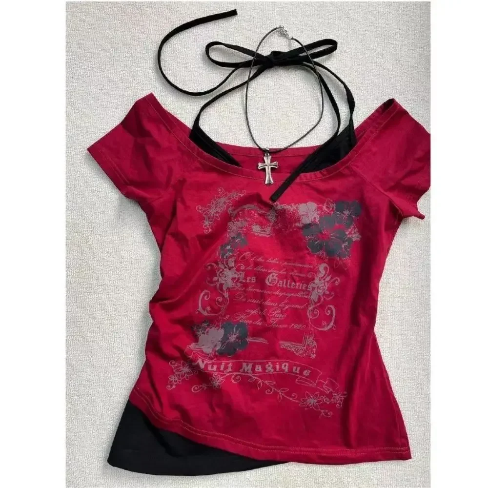Damski top Y2K Punk w stylu vintage krótki letni Czerwony