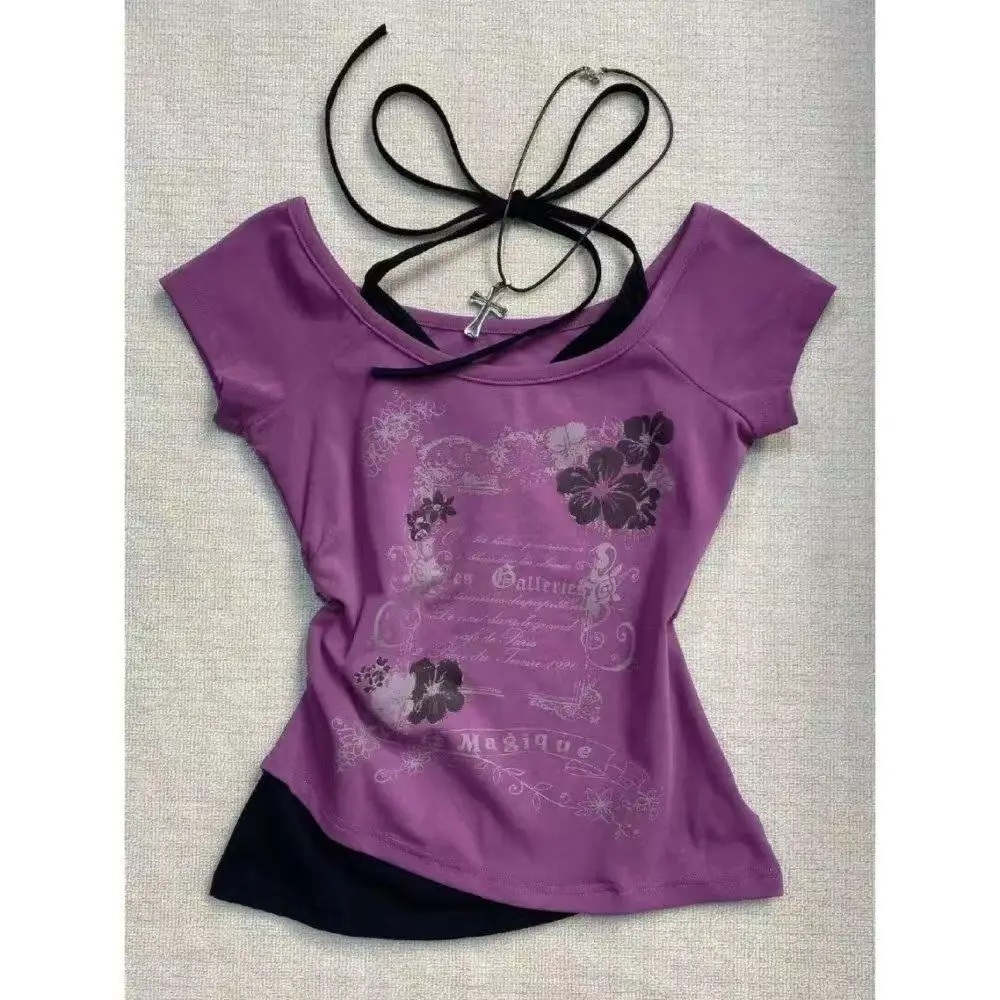 Damski top Y2K Punk w stylu vintage krótki letni Szary