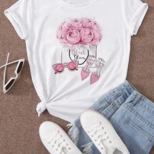 Damski T-shirt z kwiatowym nadrukiem w stylu Harajuku D0342